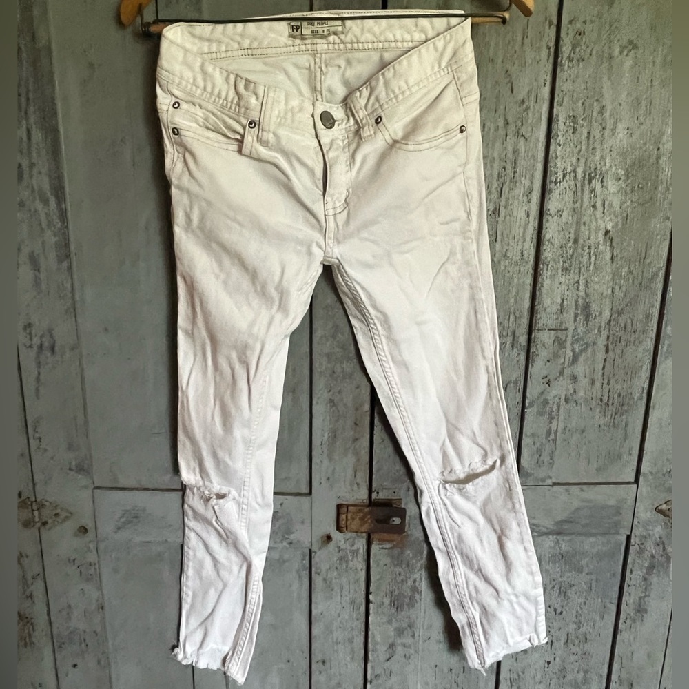 Free People White Distressed Crop Jeans
